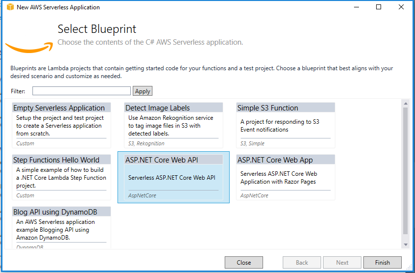 screenshot select AWS serverless application blueprint