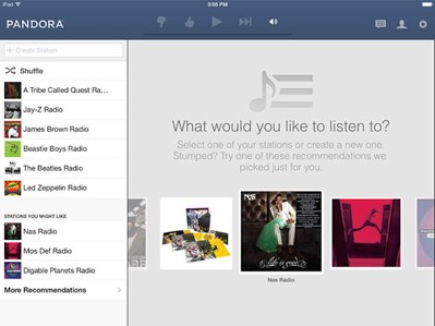 Screenshot of Pandora music recommendations