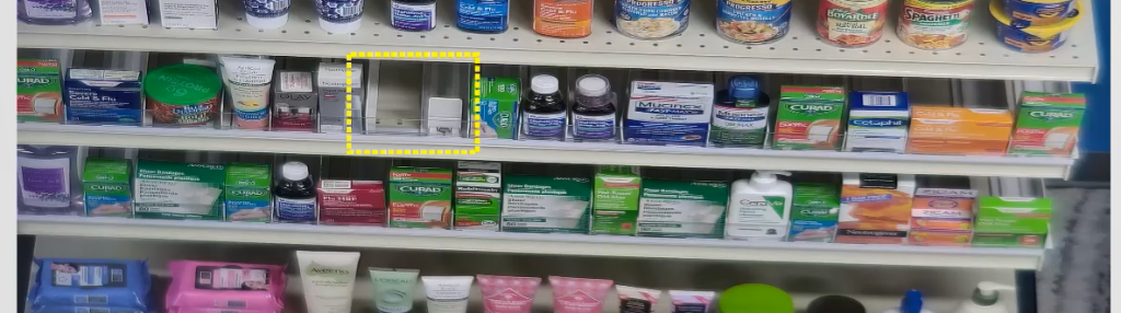 retail shelves with various products