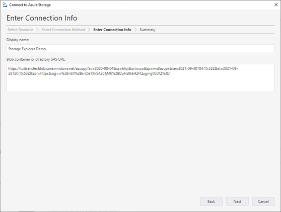 Screenshot example Azure Storage Explorer connection info