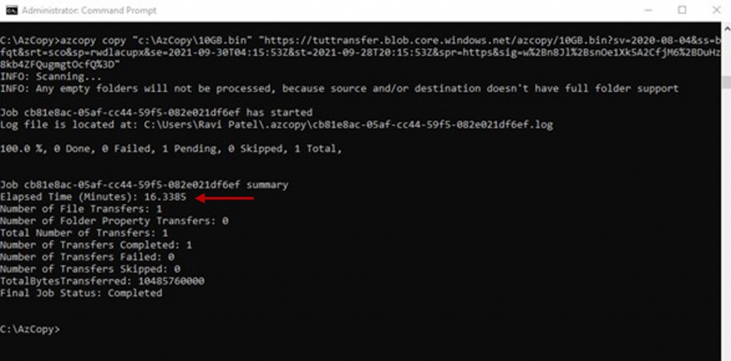 Screenshot example command line summary of ADLS transfer with AzCopy and SAS token authorization