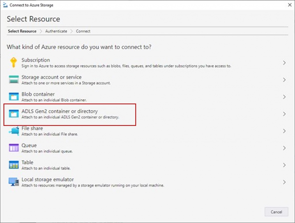Screenshot example Azure Storage Explorer to ADLS Gen2 setuo