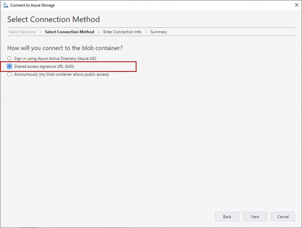 Screenshot example Azure Storage Explorer select connection method