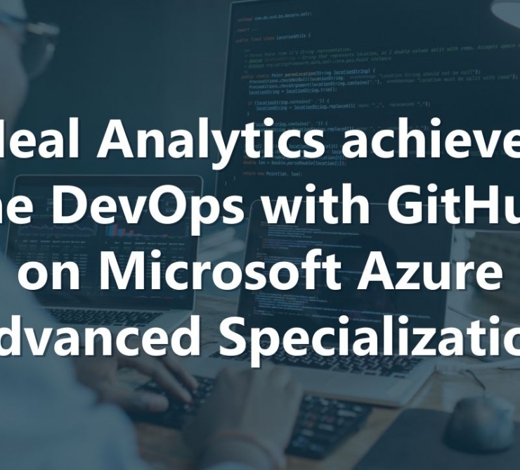 Man on computer with text overlay "Neal Analytics achieves DevOps with GitHub on Microsoft Azure Advanced Specialization"