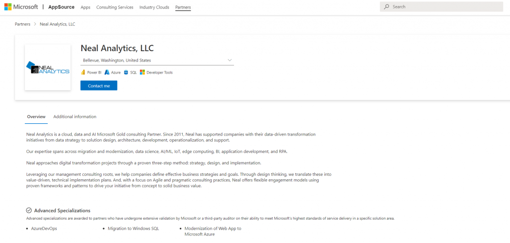 Screenshot of Neal Analytics Microsoft AppSource listing
