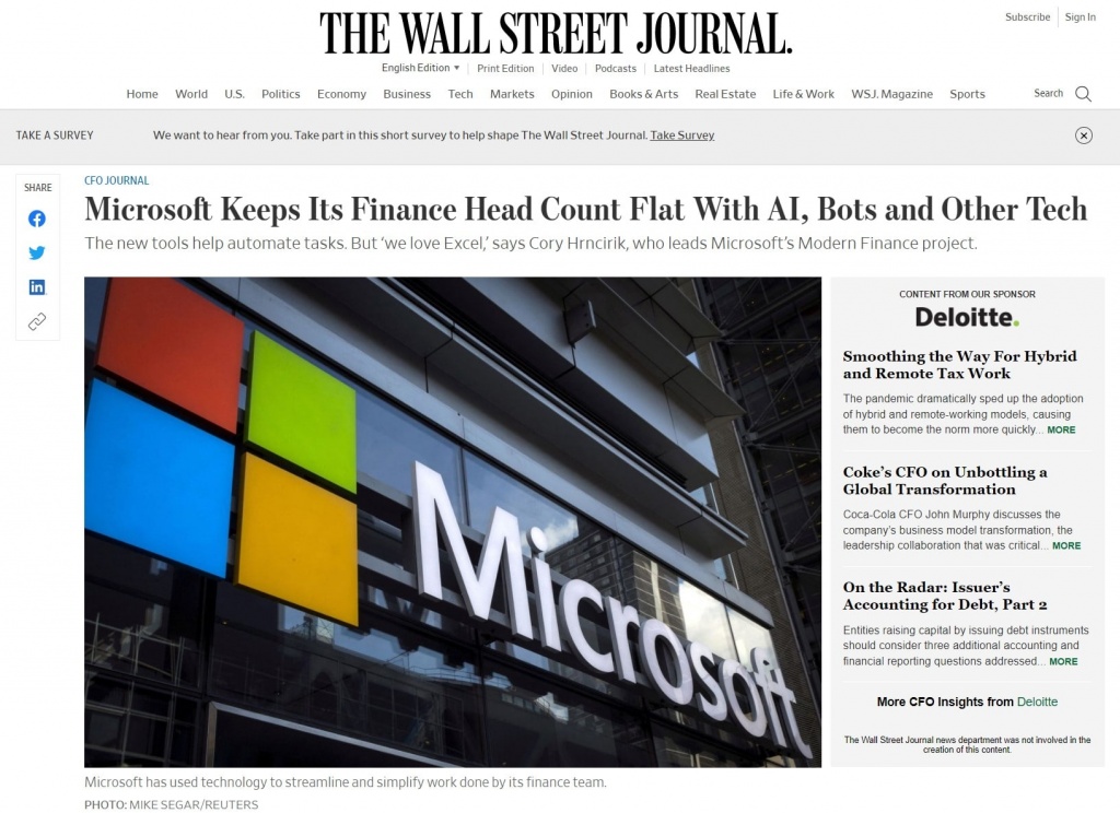 Wall Street Journal screenshot of Microsoft Modern Finance project story