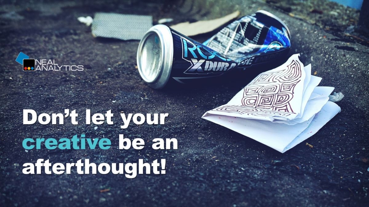 Don't let your creative be an afterthought text over photo of Rockstar energy can and crumpled paper