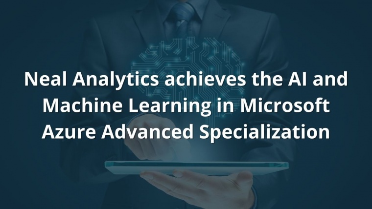 Image of AI brain on tablet with text "Neal Analytics achieves the AI and Machine Learning in Microsoft Azure Advanced Specialization"
