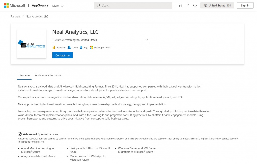 Screenshot of Neal Analytics Microsoft AppSource profile with five advanced specializations