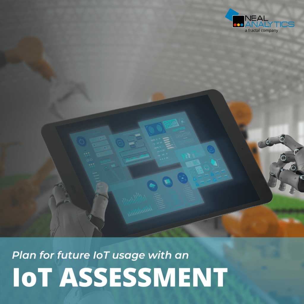 Tablet in factory with text "Plan for future IoT usage with an IoT Assessment"