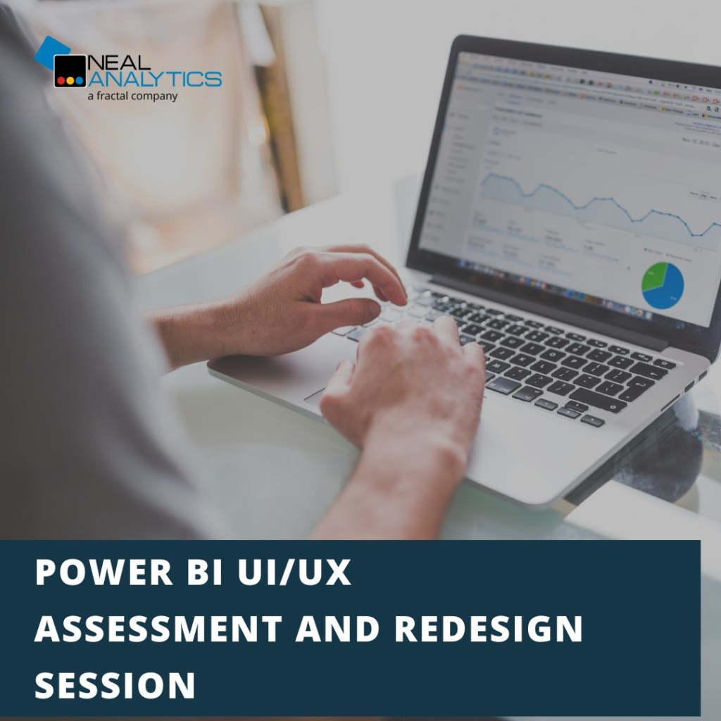 data report on laptop and text Power BI UI UX Assessment and Redesign