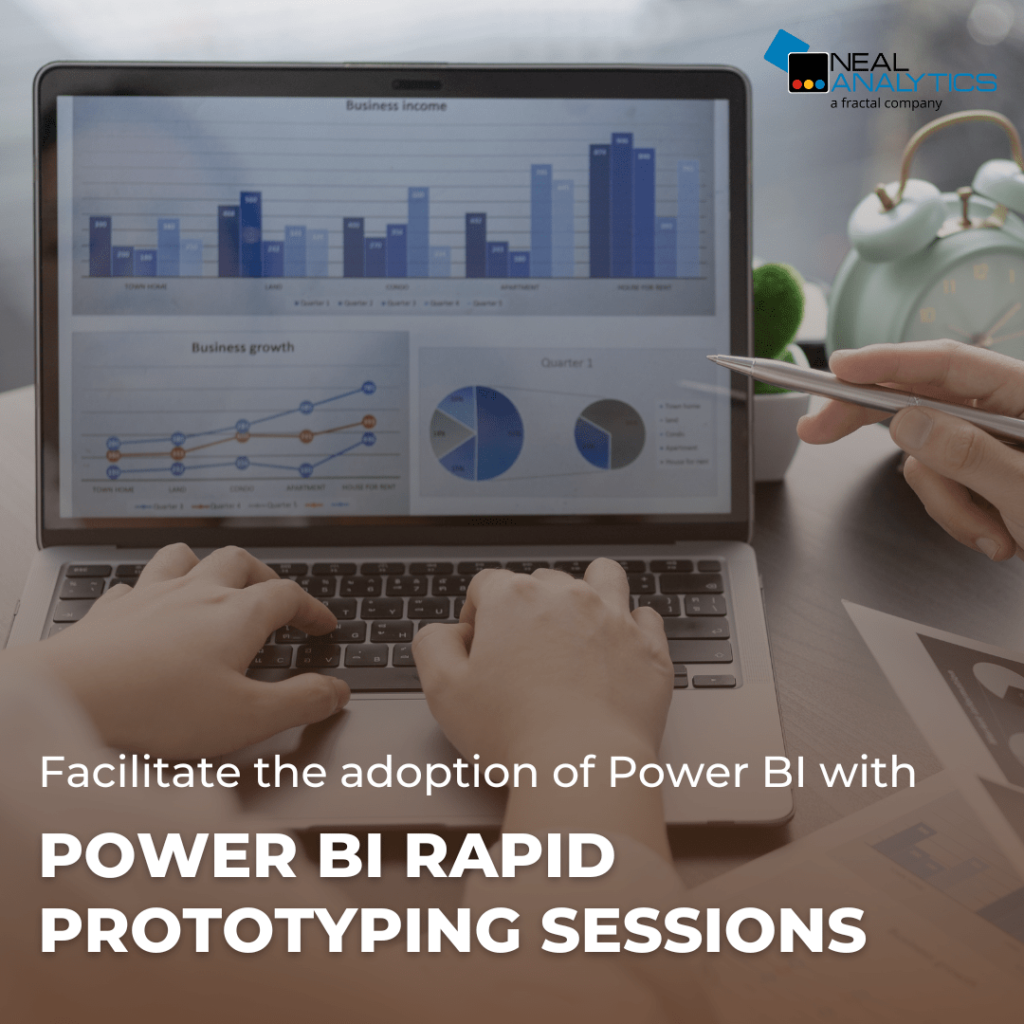 Computer screen with data report and text "Power BI Rapid Prototyping Sessions"