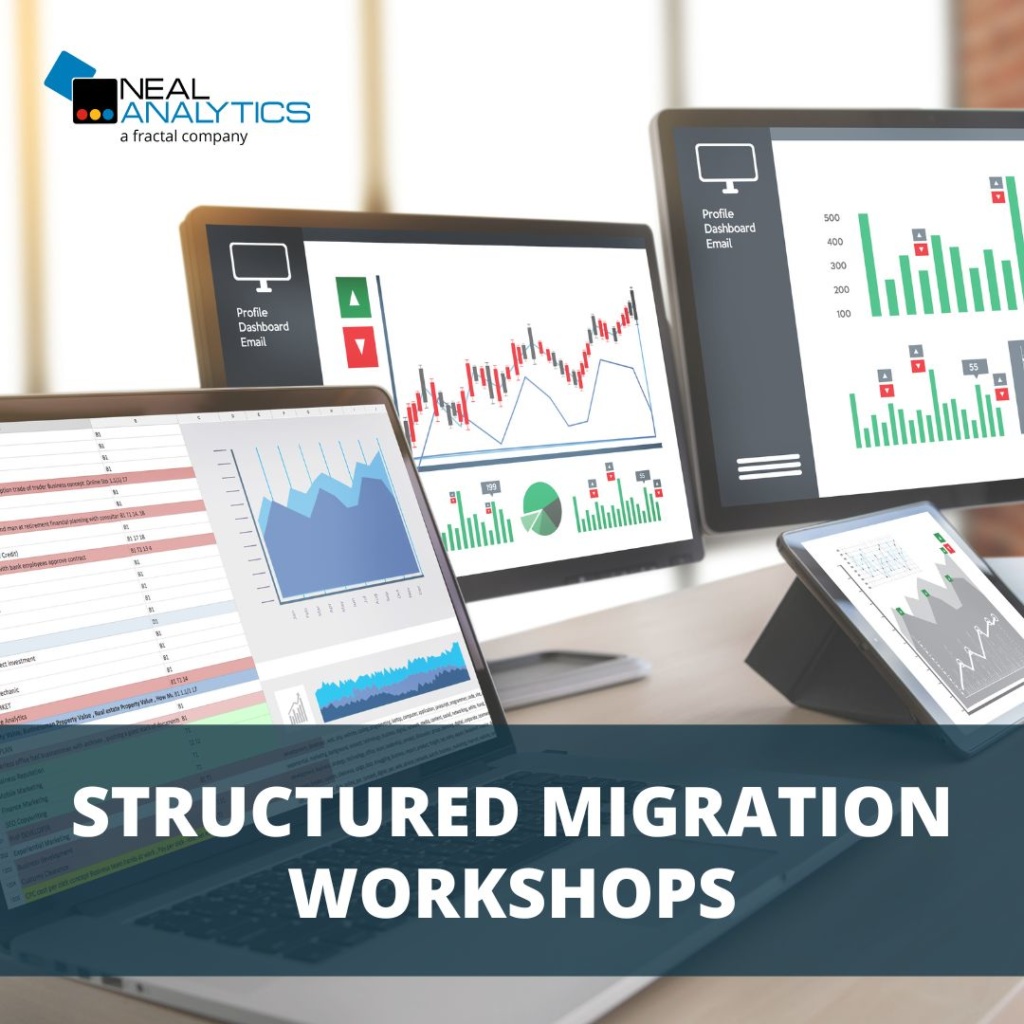Data analytics on computer screen with text "Structured Migration Workshops"