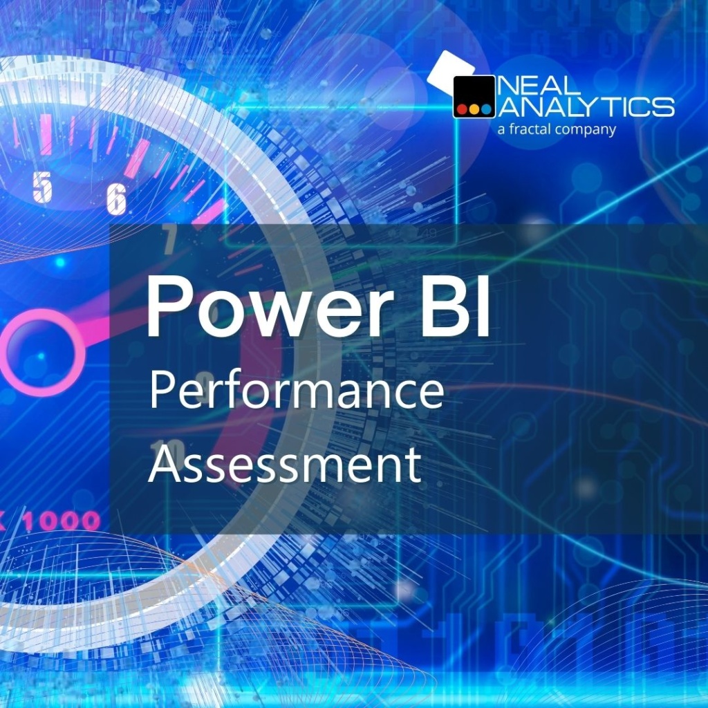 Tachometer rpm gauge with text "Power BI Performance Assessment"