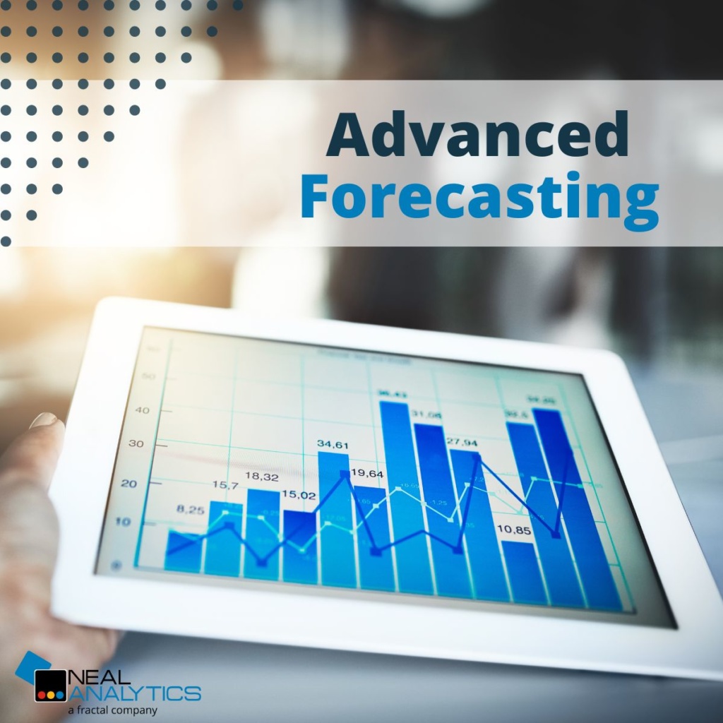 tablet with bar chart and text "Advanced Forecasting"