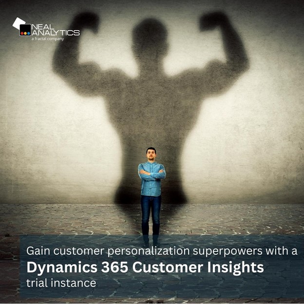 Man stands with victory pose shadow and text "Dynamics 365 Customer Insights trial instance"