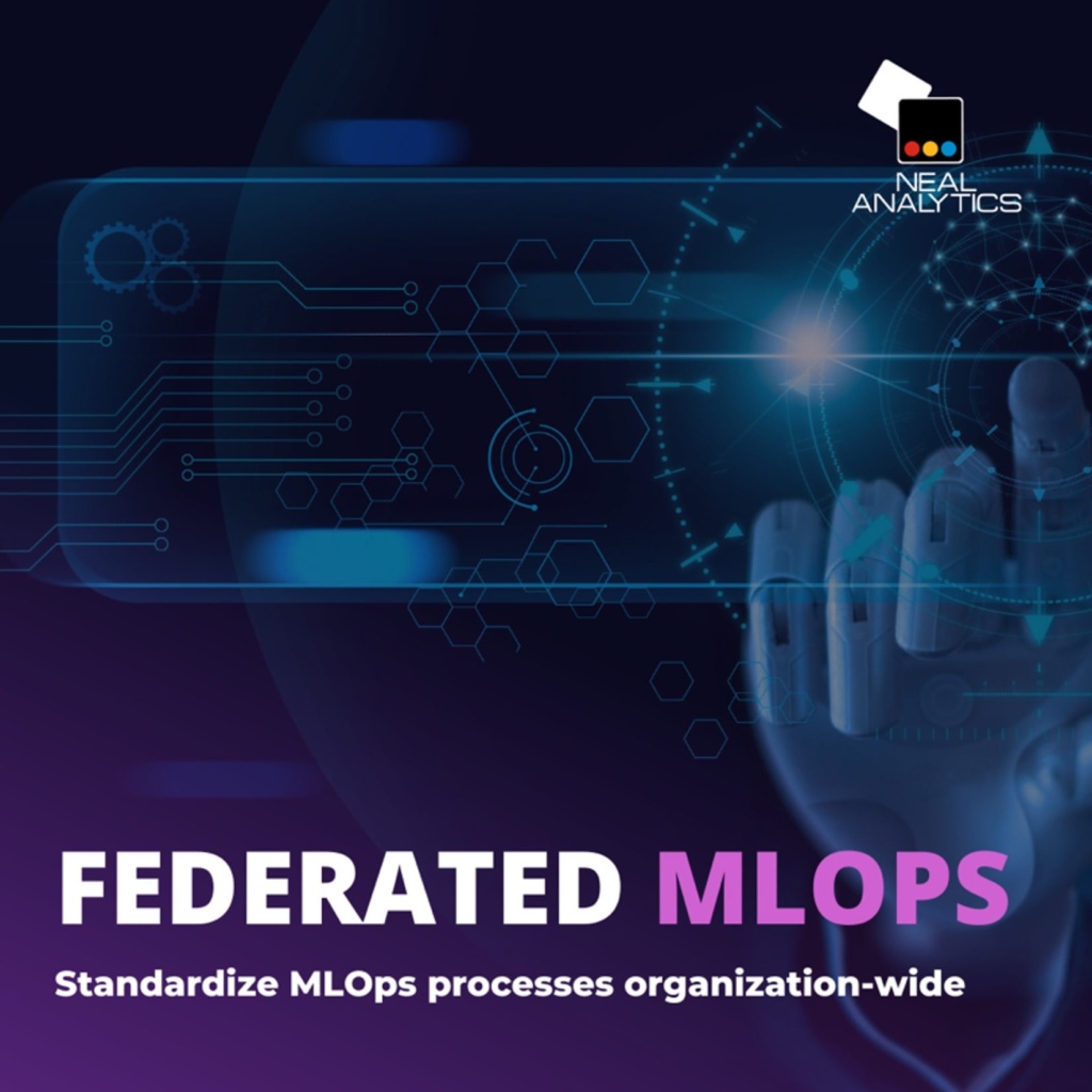 Robotic hand points to blue data illustration. Text banner "Federated MLOps: Standardize MLOps processes organization-wide"