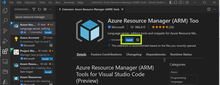 Azure resource manager tool extension