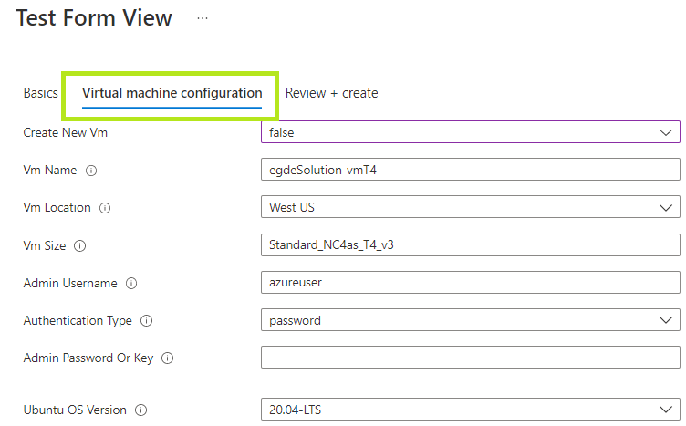 Test form view for VM configuration
