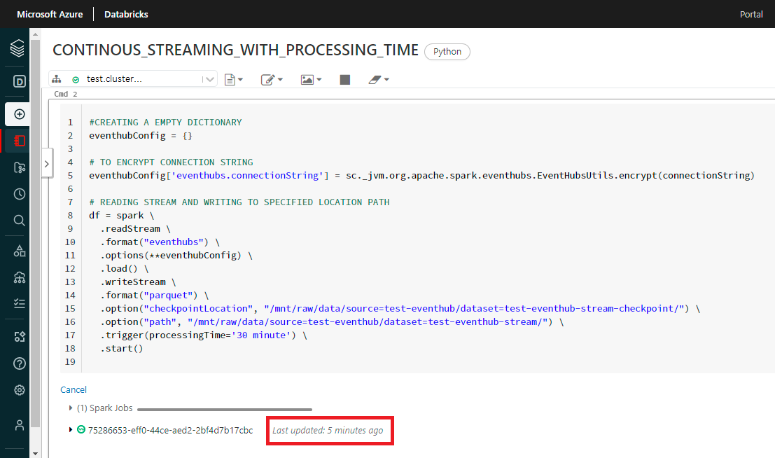 Continuous streaming with processing time using Databricks